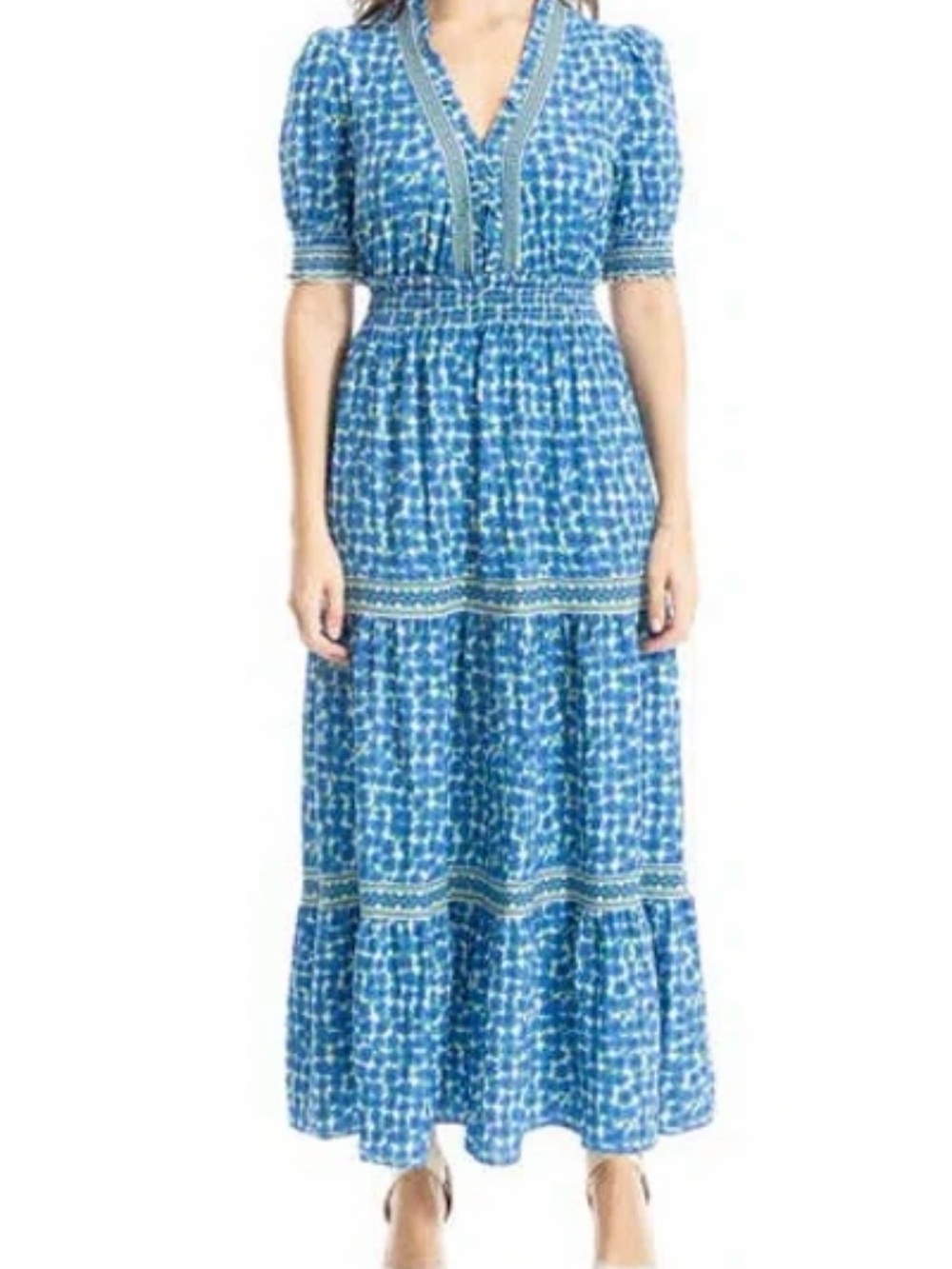 Max Studio Blue Floral V-Neck Tiered Maxi Dress